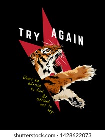 try again slogan with tiger in thunder bolt illustration on black background