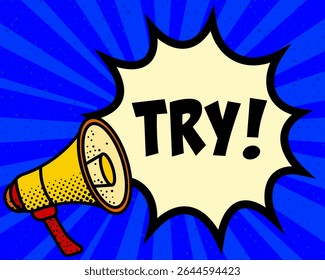 Try announcement speech bubble. Megaphone, speech burst, comic style, bright background, communication element, expression tool, voice projection, information sharing, pop art design.
