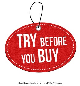 Try before you buy red leather label or price tag on white background, vector illustration