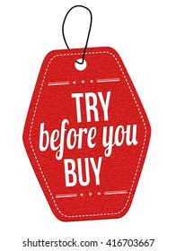 Try before you buy red leather label or price tag on white background, vector illustration