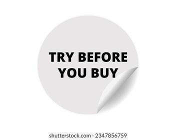 Intenta antes de comprar el signo de emoticones redondos. Inténtelo antes de comprar un banner de etiqueta adhesiva de círculo, símbolo de placa, ilustración vectorial.