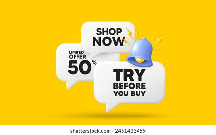 Try before you buy tag. 3d offer chat speech bubbles. Special offer price sign. Advertising discounts symbol. Try before you buy speech bubble 3d message. Talk box banner with bell. Vector