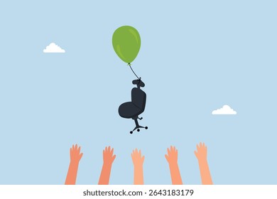 candidates try to catch office chair flying in the air with balloon.