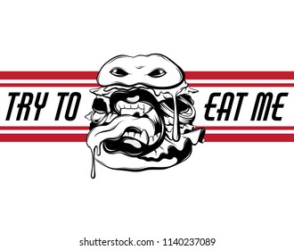 Try to eat me. Vector hand drawn creative illustration of angry hamburger with mouth and tongue . Surreal artwork. Template for card, poster. banner, print for t-shirt, pin, badge, patch.