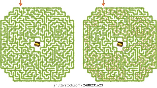 Versuchen Sie, Truhe mit goldenen Münzen in grüner Hecken-Labyrinth-Vektorillustration zu finden. Draufsicht auf das rechteckige Freiluft-Labyrinth aus Gartensträuchern und Gras. Schwierigkeitsgrad schwer.