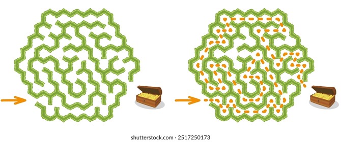 Tente encontrar o peito com moedas de ouro dentro do vetor verde do labirinto da cerca viva Ilustração. Vista superior do labirinto hexagonal ao ar livre feito de arbustos de jardim e grama. Nível de dificuldade fácil.