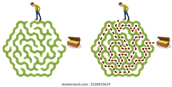 Try to find chest with golden coins inside green hedge maze vector Illustration. Top view of the open air hexagonal labyrinth made of garden bushes and grass. Easy difficulty level.
