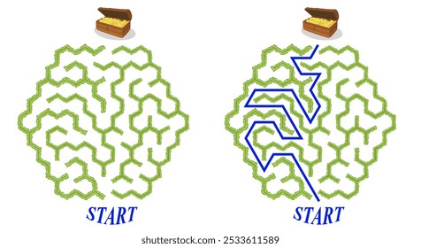 Try to find chest with golden coins inside green hedge maze vector Illustration. Top view of the open air hexagonal labyrinth made of garden bushes and grass. Easy difficulty level.