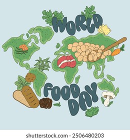 Pruebe alimentos buenos, saludables y deliciosos de todo el mundo, la felicidad proviene de los alimentos, ilustración de arte Doodle para el Día Mundial de la Alimentación