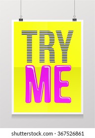 TRY ME yellow poster 2 times folded poster with binder clips