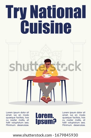 Try national cuisine poster template. Traditional oriental meals commercial flyer design with semi flat illustration. Vector cartoon promo card. Indian food restaurant advertising invitation