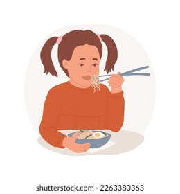 Try new foods isolated cartoon vector illustration. Happy child trying to eat meal with chopsticks, bamboo wand usage, healthy lifestyle, new food habits, unusual dish vector cartoon.
