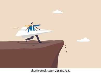 Try new idea start new business, startup risk, entrepreneur or creativity, failure, innovation and courage to win business concept, businessman running with paper origami airplane for first launch.