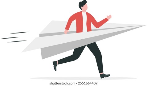 Try a new idea, start a new business, startup risk, entrepreneur or creativity, failure, innovation and courage to win business concept, businessman running with paper origami airplane for first launc