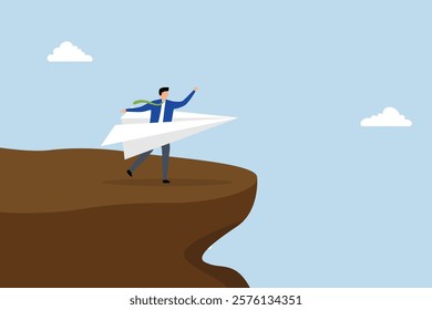 Try new idea start new business, entrepreneur sprinting with a paper origami plane for its initial flight. 