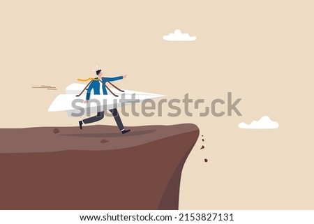 Try new idea start new business, startup risk, entrepreneur or creativity, failure, innovation and courage to win business concept, businessman running with paper origami airplane for first launch.