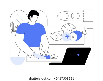 Prueba nuevas recetas aisladas ilustraciones de vectores de dibujos animados. Jóvenes cocinando y viendo la receta de comida en línea, haciendo video tutorial, electrodomésticos de cocina, laptop en la caricatura del vector de la mesa.