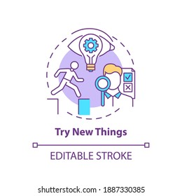 Try New Things Concept Icon. Boosting Creative Thinking Tips. Need To Experience Something Different Idea Thin Line Illustration. Vector Isolated Outline RGB Color Drawing. Editable Stroke