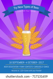 Try new types of beer! Come with your friends to oktoberfest, promo poster of weizen and ear of yellow wheat vector illustration on purple