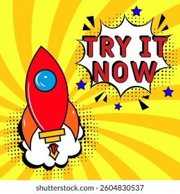 TRY IT NOW. Comic book explosion with text Try it now. Banner for business, marketing and advertising. Social Media banner. Vector illustration in retro pop