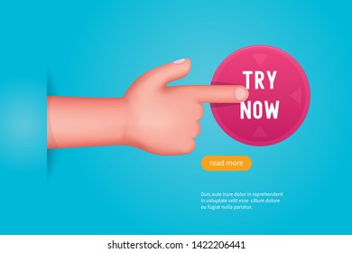 Try now concept. Finger push on the button. Cartoon vector illustration