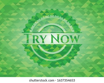 Try Now green emblem with mosaic background. Vector Illustration. Detailed.