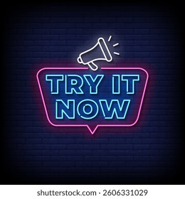 try it now neon sign with brick wall background vector