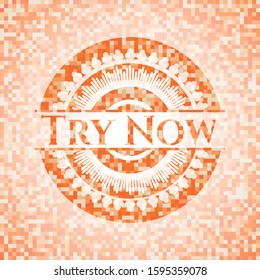 Try Now orange tile background illustration. Square geometric mosaic seamless pattern with emblem inside.