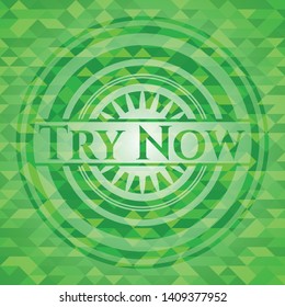 Try Now realistic green emblem. Mosaic background. Vector Illustration. Detailed.