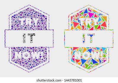 Try it now stamp collage icon of triangle items which have variable sizes and shapes and colors. Geometric abstract vector illustration of try it now stamp.