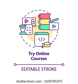 Try online courses concept icon. Remote learning. Distant class. Coding abstract idea thin line illustration. Isolated outline drawing. Editable stroke. Roboto-Medium, Myriad Pro-Bold fonts used
