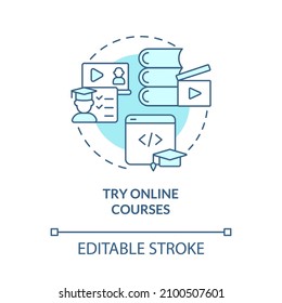 Try online courses turquoise concept icon. E learning. Programming lessons abstract idea thin line illustration. Isolated outline drawing. Editable stroke. Roboto-Medium, Myriad Pro-Bold fonts used