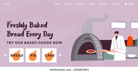 Try our baked goods now, freshly made cakes and pies in store or bakery shop for clients. Tasty meal and food for customers. Website landing page template, online internet page. Vector in flat style