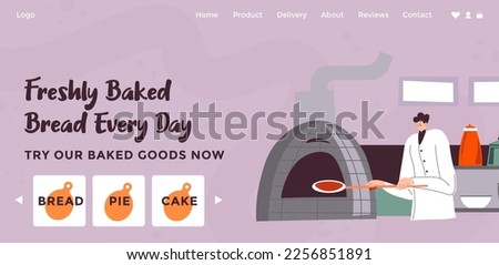Try our baked goods now, freshly made cakes and pies in store or bakery shop for clients. Tasty meal and food for customers. Website landing page template, online internet page. Vector in flat style
