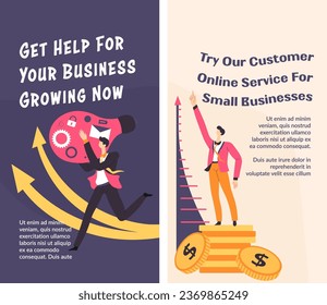 Try our customer online service for small businesses. Get help for growing company, tools and advise from experts, money income.Promotional banner, advertising and branding, vector in flat style
