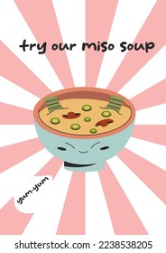 Probieren Sie unser Miso Suppe Flyer Poster Design mit koreanischem Miso Pilzsuppe. Vektorgrafik auf weißem rosafarbenem Hintergrund. Flachstil 