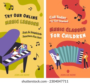 Try our online music lessons, classes and courses for children. Play piano, fun and inspiring teachers for you. Knowledge obtaining. Promotional banner or advertisement. Vector in flat style