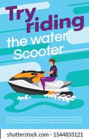 Try riding the water scooter poster vector template. Watersport. Brochure, cover, booklet page concept design with flat illustrations. Extreme sport. Advertising flyer, leaflet, banner layout idea