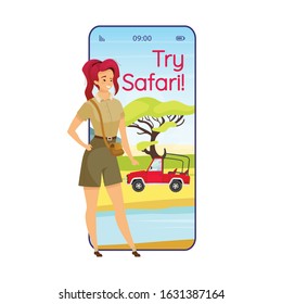 Try safari cartoon smartphone vector app screen. Savannah exploration. Mobile phone displays with flat character design mockup. African expedition application telephone cute interface