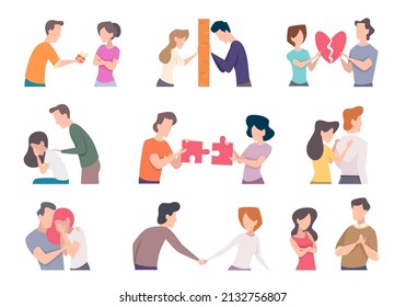 Try save love. Destructive relationship persons male and female romantic couple talking and meeting exact vector colored illustrations