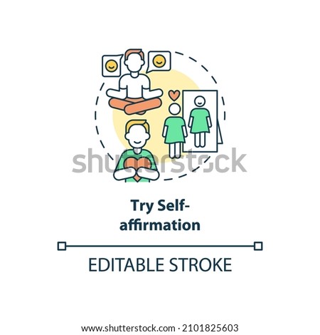Try self-affirmation concept icon. Positive thinking for wellbeing abstract idea thin line illustration. Isolated outline drawing. Editable stroke. Roboto-Medium, Myriad Pro-Bold fonts used