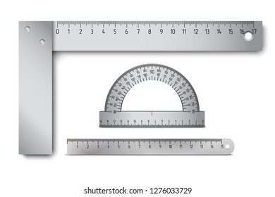 Try square closeup. Metal protractor and ruler. Repair and measuring tool. Vector illustration on a white background.