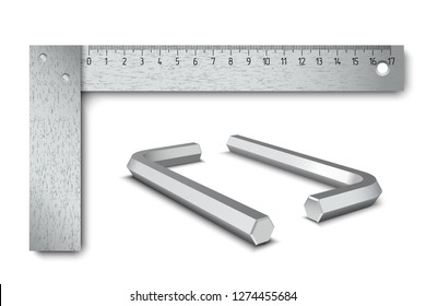 Try square closeup. Steel hex key. Two metallic allen keys. Repair and measuring tool. Vector illustration on a white background.