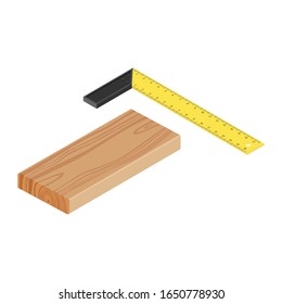 Try Square Ruler with Plastic Handle and wooden timber plank isolated on white background.  Measuring tool
