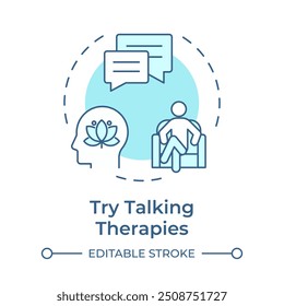 Tente falar terapias ícone de conceito azul suave. Psicoterapia, bem-estar mental. Ilustração de linha de forma redonda. Ideia abstrata. Design gráfico. Fácil de usar em infográfico, apresentação