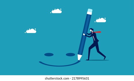 Try to think positively. businessman drawing smiling face. business concept vector