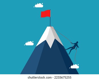 Try to win yourself. Businessman climbing a mountain to grab the red flag. vector