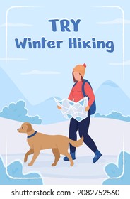 Try winter hiking poster flat vector template. Seasonal trekking. Brochure, booklet one page concept design with cartoon characters. Wintertime activity flyer, leaflet with copy space