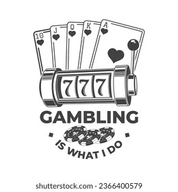 Try your chance. Gambling vintage print, logo, badge design with slot machine and poker playing card silhouette. Vector illustration. Casino slot machine for gambling industry, sport lottery services.