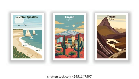 Tryfan, Wales, Tucson, Arizona, Twelve Apostles, Victoria - Vintage travel poster. Vector illustration. High quality prints